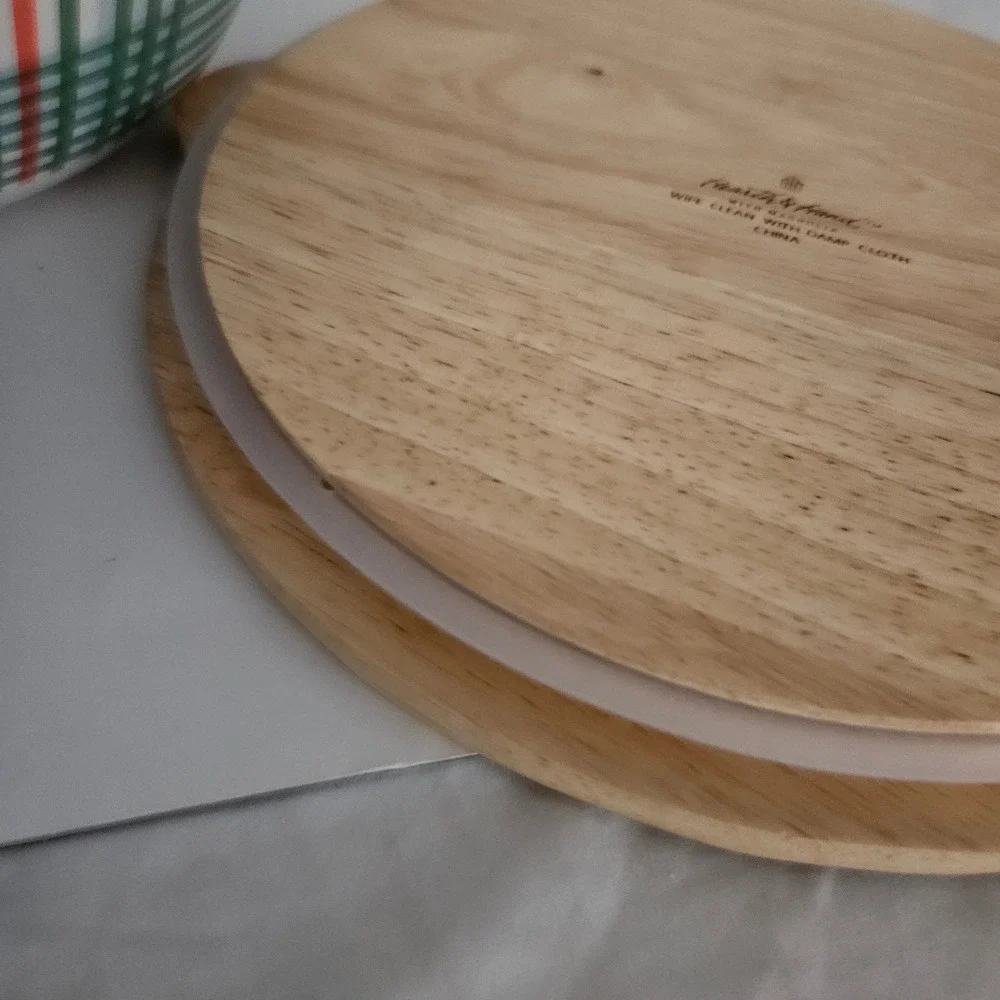 Hearth & Hand Magnolia Plaid Salad Serving Bowl Wood Lid Utensils Red Green